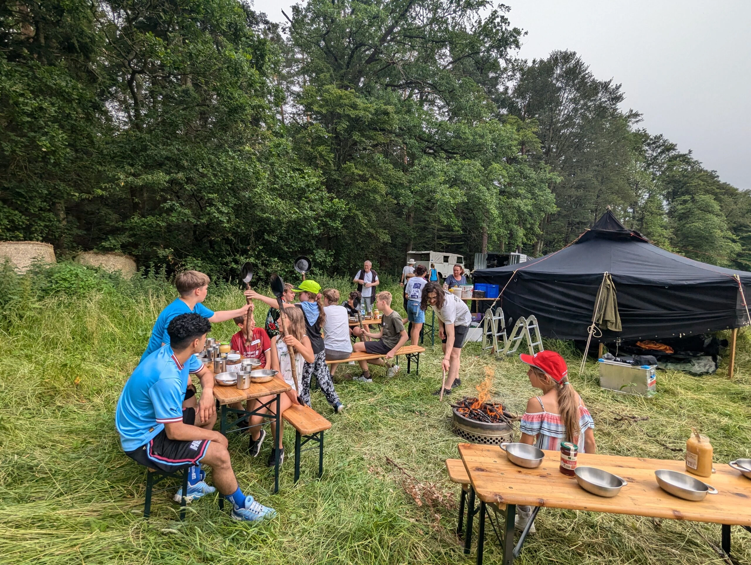 Der Bund für Baumhaustechniker trifft sich mit allen Mitgliedern auf einer Waldlichtung und grillt gemeinsam. Es gibt Veganes Essen.