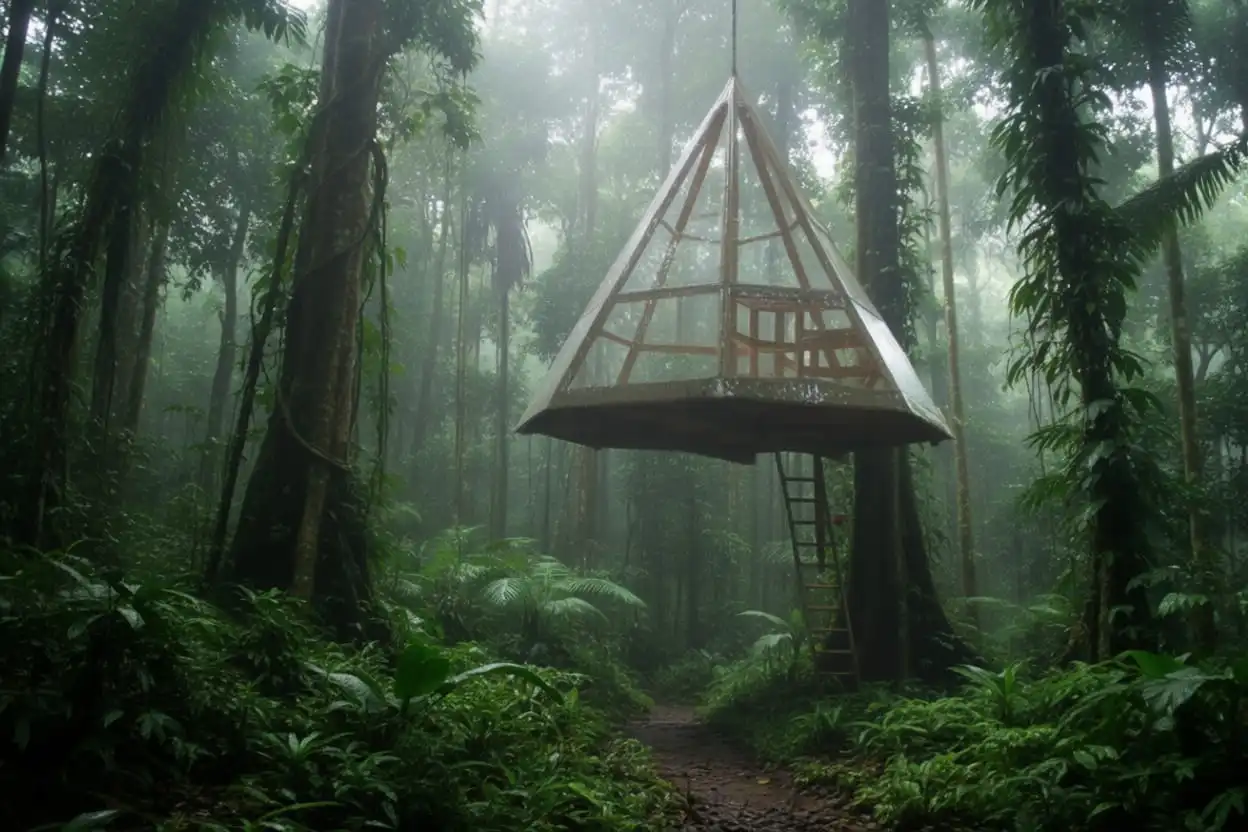 Baumhaus im Regenwald von Indonesien – nachhaltiger Tourismus und Architektur Experimental hanging treehouse in the rainforest of Lore Lindu National Park, Indonesia – symbol of sustainable architecture and eco-tourism.