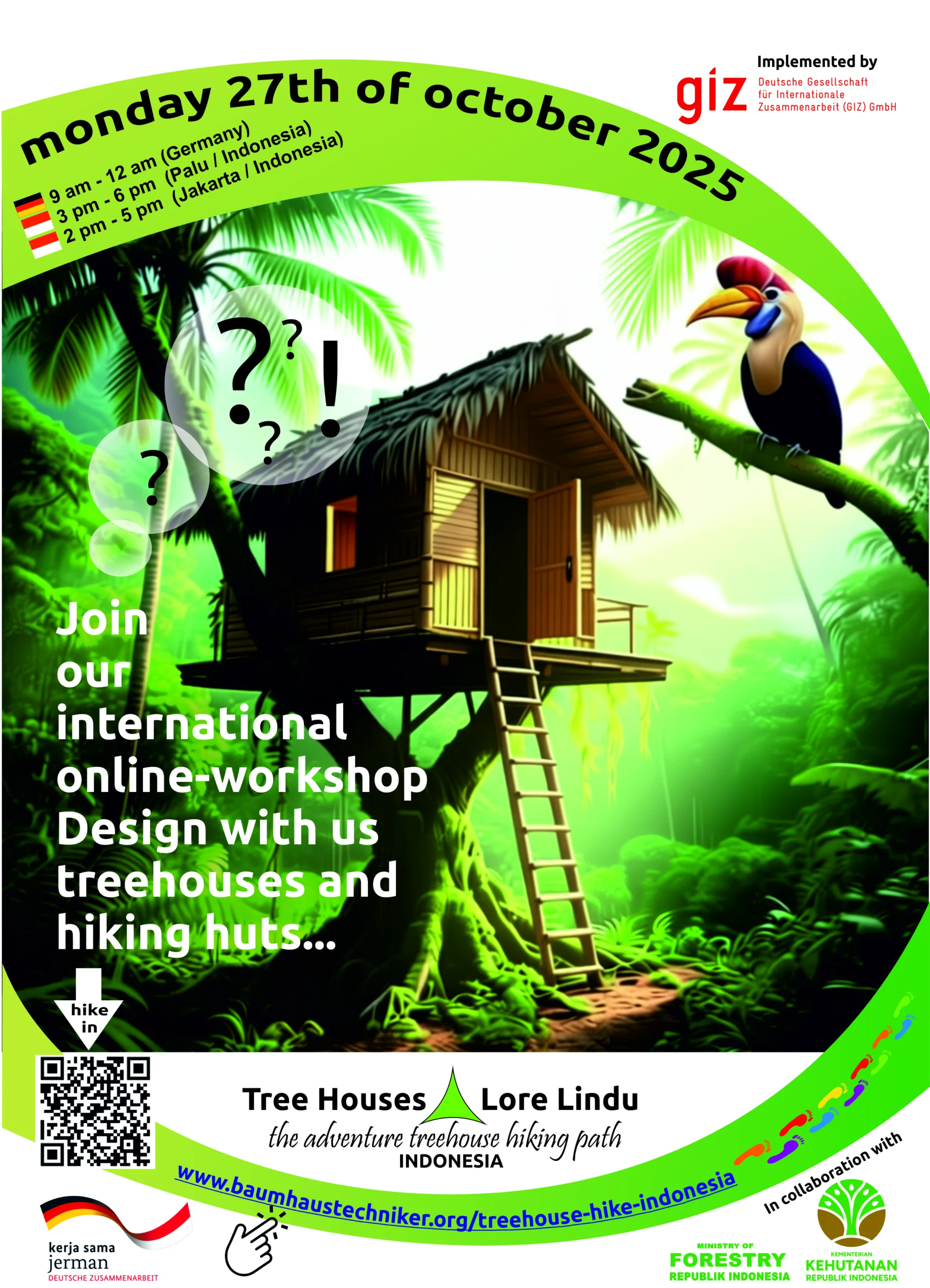 Lore Lindu Tree houses online_meeting_invitationV8_final Einladungsposter zum internationalen Online-Workshop Tree Houses Lore Lindu – The Adventure Treehouse Hiking Path Indonesia am 27. Oktober 2025. Symbol für nachhaltigen Ökotourismus, Umweltbildung