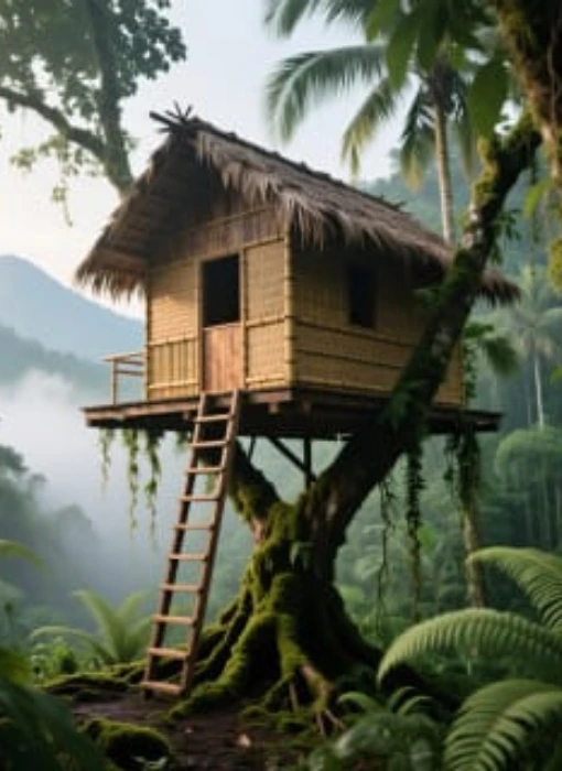 internationalen Online-Workshop ‚Designing Treehouses and Hiking Huts‘ am 27. Oktober 2025. Visualisiert sind ein stilisiertes Baumhaus, tropischer Regenwald und die Logos der Veranstalter: Bund für Baumhaustechniker e. V., GIZ und indonesisches Forstministerium.